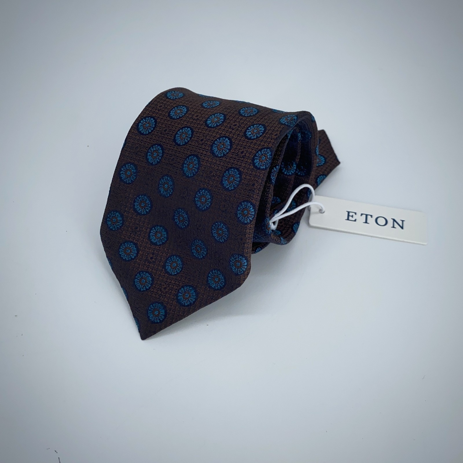 Eton Tie Men One Size Brown Blue Patterned Silk Classic Necktie Italy Made Nwt